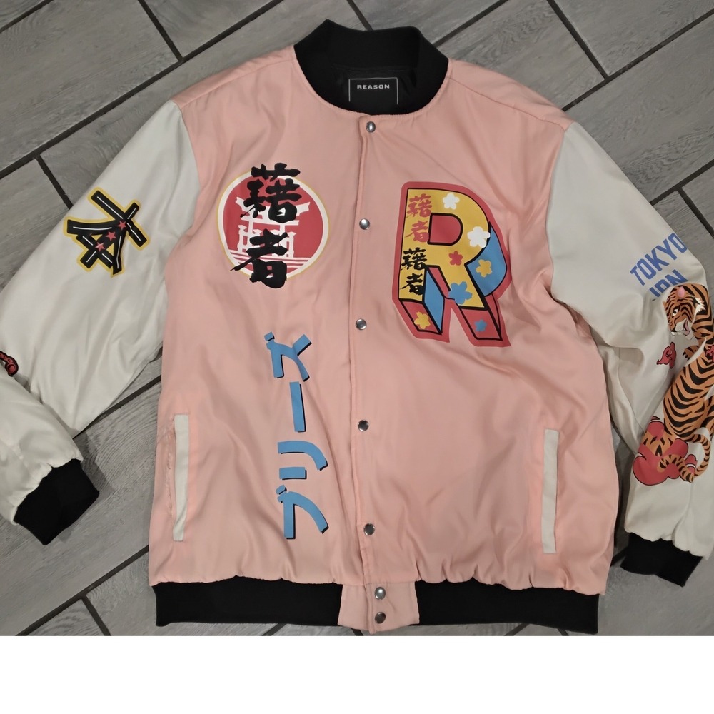 Reason Clothing Pink Varsity Bomber Jacket Japanese Tiger Scorpion Graphics -2XL